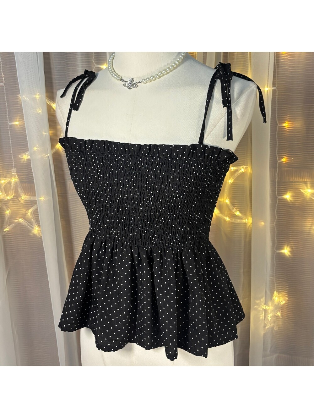 Black Polka Dot Smocked Tie Strap Peplum Cami Top Coquette S Minimalist Chic
